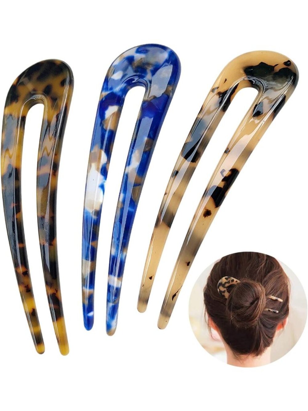 Vintage Tortoise Shell Hair Forks - U Shape Updo Pins for All Hair Types, 3 Pack